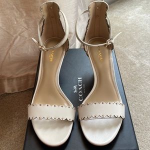 COACH Monica Soft Shine Calf Leather Sandals in color Chalk, size 7.5.